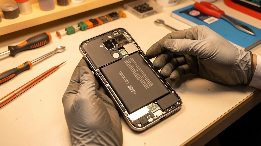 Smartphone with back cover removed revealing internal battery