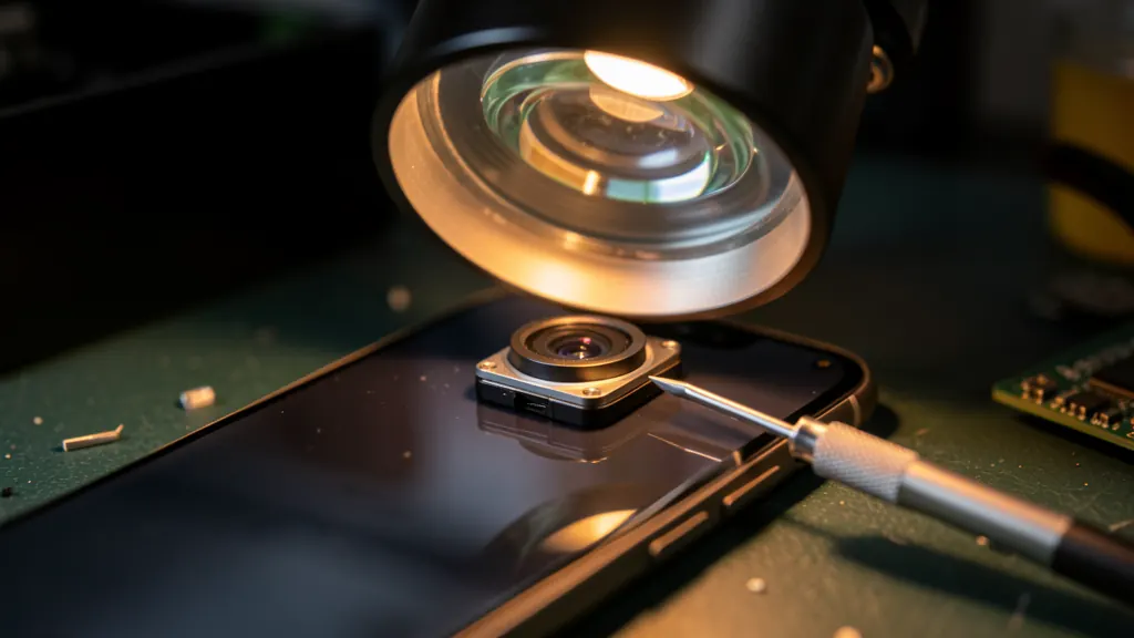 Smartphone camera lens module being inspected under magnifying lamp