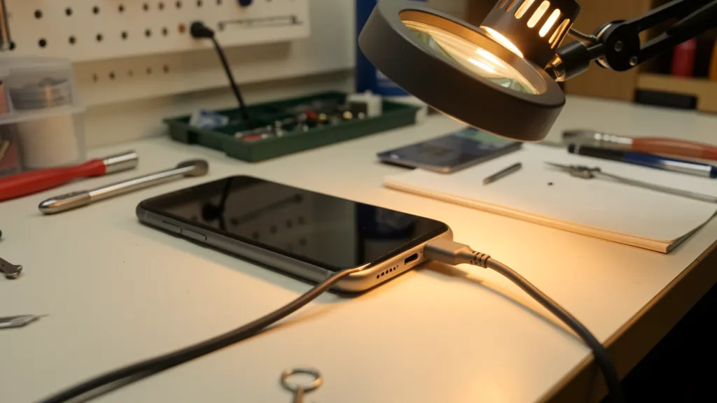 Charging cable being plugged into smartphone on repair desk