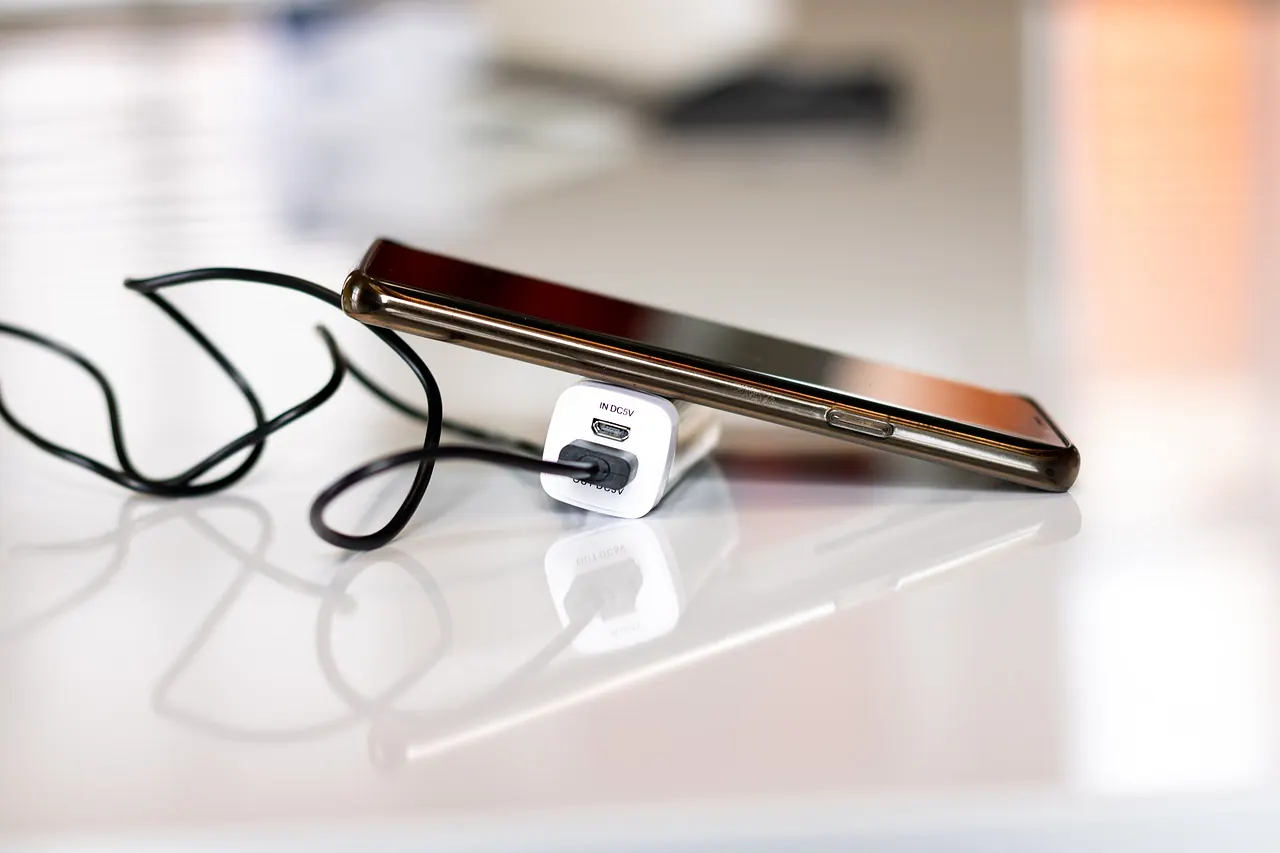 Smartphone connected to power bank for charging