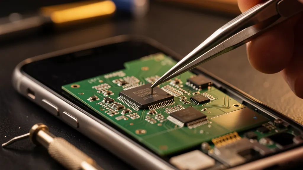Close-up of smartphone circuit board under precision repair
