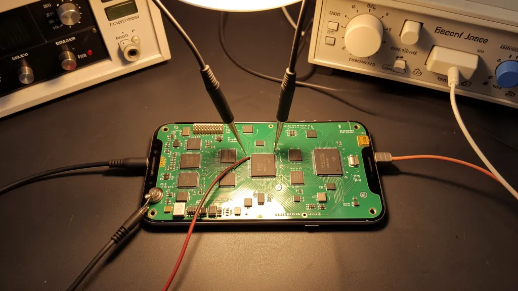 Smartphone circuit board with diagnostic probes connected