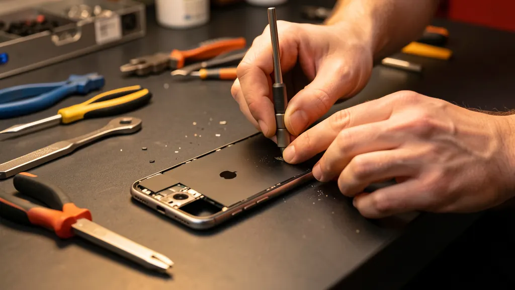 Hands carefully repairing a disassembled smartphone