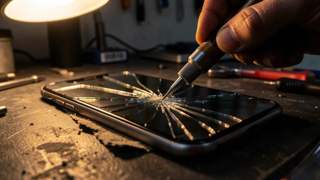 Cracked phone screen being carefully lifted with suction tool