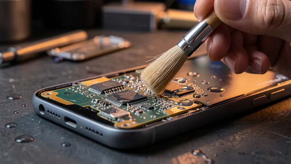 Water droplets being cleaned from smartphone circuit board
