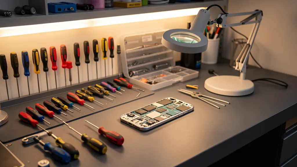 Organised smartphone repair workshop with precision tools